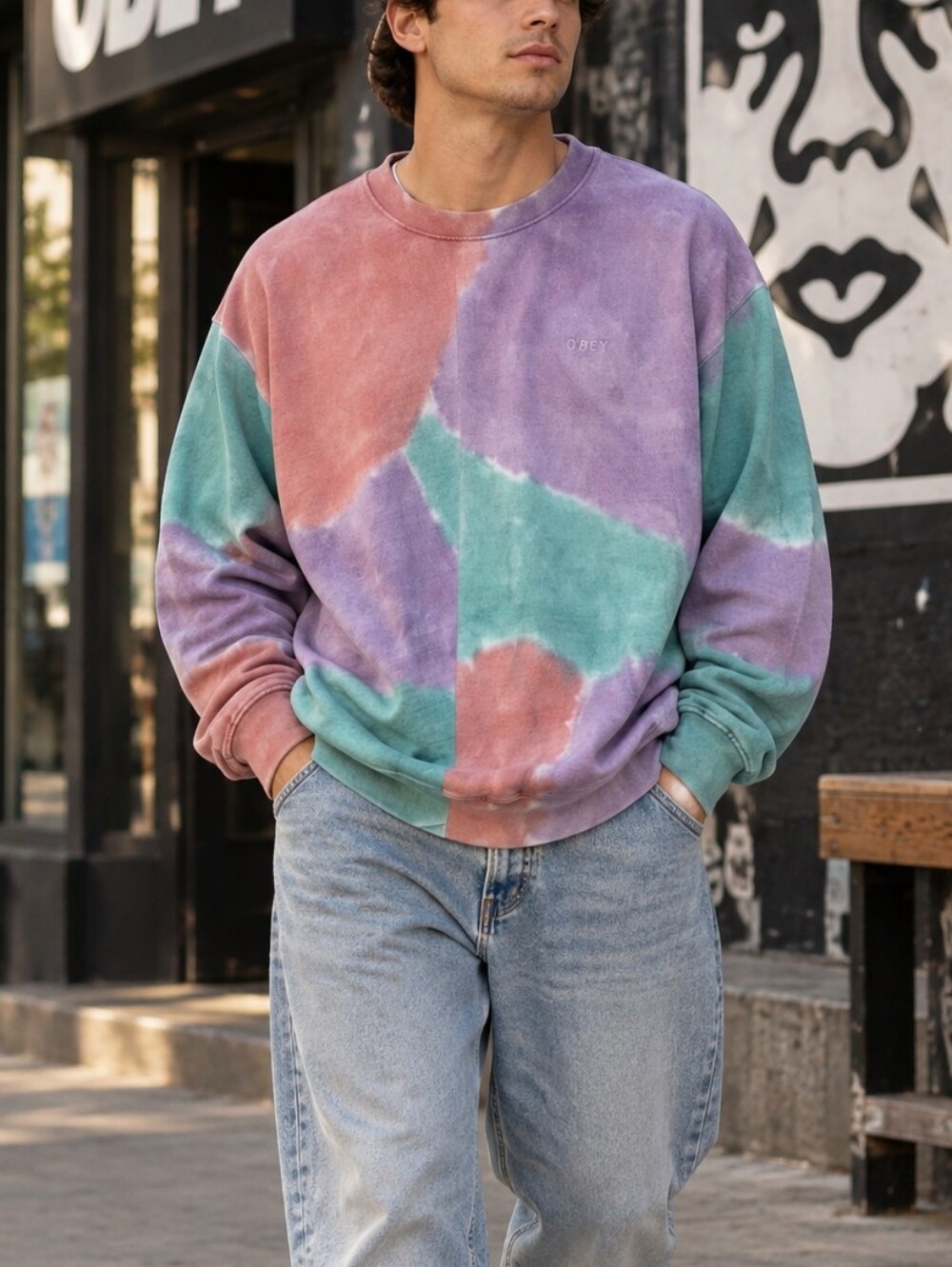 OBEY XL Tie Dye Crewneck Sweatshirt Purple Coral Green Sustainable